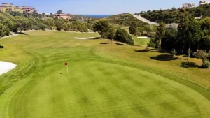 Scenic view of the Dona Julia Golf Course with lush green fairways, a red flag on the putting green, surrounded by trees and distant hills.