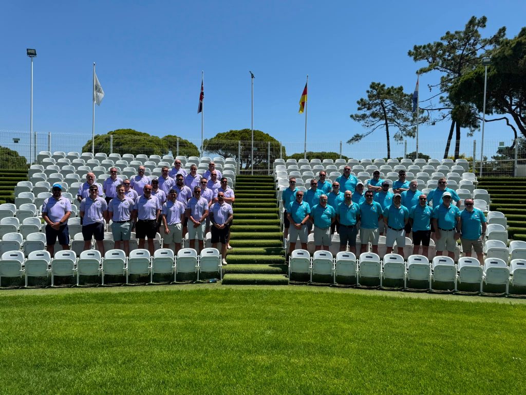 Two groups of golfers posing for an image in the stands at a golf course.