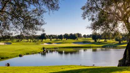 A lovely view of the Quinta da Ria golf course with a lake in the foreground with a green surrounded by bunkers in the background.