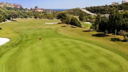Scenic view of the Dona Julia Golf Course with lush green fairways, a red flag on the putting green, surrounded by trees and distant hills.