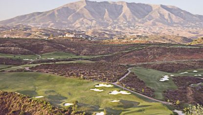 The La Cala Europa course from the air with the Sierra de Mijas mountains in the distance.